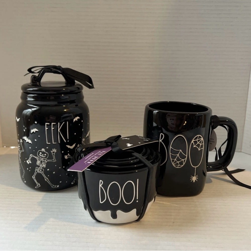 Rae Dunn Halloween Black Boo Eek Spider Skeleton Canister Mug Measuring Cup Set